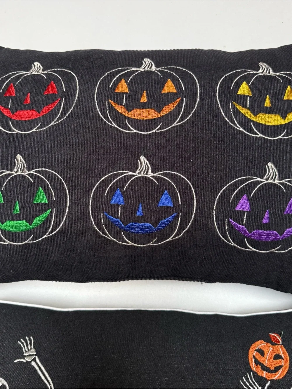 Halloween Embroidered Pumpkin & Skeleton Decorative Pillow Set - Black